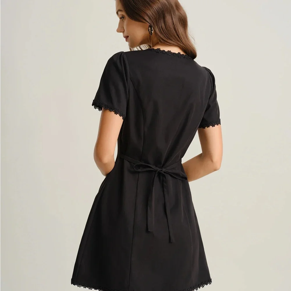 Black Square Neck Button Mini Dress - Picture 5 of 6